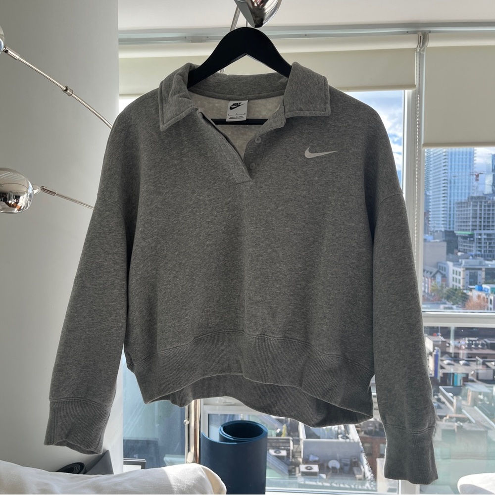 Nike Cropped Collared Sweater -Grey and size Large